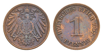 Германия 1 пфенниг 1907 J, Вильгельм II (1888-1918) KM 10, J. 10 медь 4639-1132