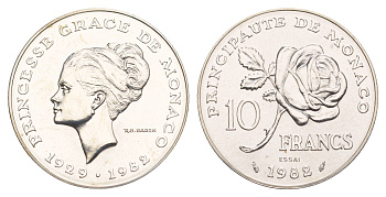 Монако 10 франков 1982 Смерть принцессы Грейс, Essai - Пробник KM E73 серебро BU 11-132-42