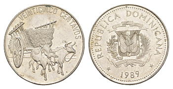 Доминиканы (Доминиканская Республика) 25 сентаво 1989 KM 71.1 сталь плакированная никелем 4641-911