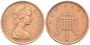Великобритания 1 пенни 1977 Елизавета II (1952-2022) KM 915, Spink 4237 (B1) бронза 4588-542