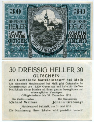 Австрия, Матцлейнсдорф (Мельк) 30 геллеров 1920 нотгельд бумага UNC 444-139-2
