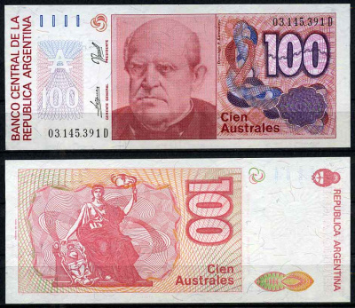 Аргентина 100 аустралей 1990 серия D 03145, Фаустино Сармьенто, Аргентинский военный деятель, масон Pick 327c  бумага  UNC (пресс) 447-20-2-1