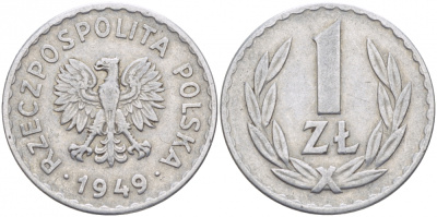ПОЛЬША 1 ЗЛОТЫЙ 1949 KM 45а алюминий 175-1136