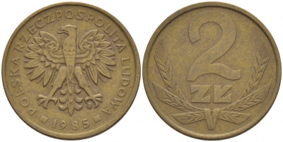 ПОЛЬША 2 ЗЛОТЫХ 1985 MW KM 80.1 латунь 4548-524