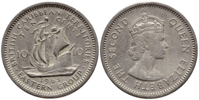 Британские Восточно-Карибские территории 10 центов 1961 Елизавета II (1952-2022), парусник KM 5 медно-никель 4387-844