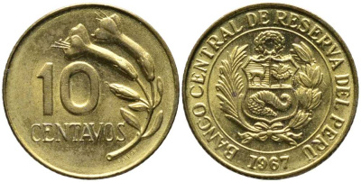 ПЕРУ 10 СЕНТАВО 1967 ЦВЕТОК KM 245.2 латунь 105-955