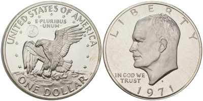 США 1 доллар 1971 S, Президент Эйзенхауэр, лунный орел KM 203a серебро  PROOF 1095-7-21