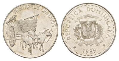 Доминиканы (Доминиканская Республика) 25 сентаво 1989 KM 71.1 сталь плакированная никелем 4641-911