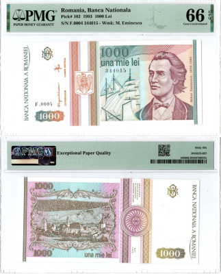 Румыния 1000 лей 1993 Михай Эминеску, парусник, монастырь Путна. В слабе PMG 66 gem uncirculated Pick 102 бумага UNC (пресс) 452-1-84