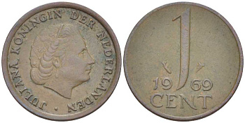 НИДЕРЛАНДЫ 1 ЦЕНТ 1969 ЮЛИАНА (1948-1980) KM 180 бронза 214-1042