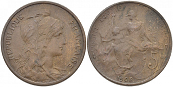 ФРАНЦИЯ 5 САНТИМОВ 1908 ТИП ДАНИЭЛЬ ДЮПЮИ KM 842, LE FRANC 119.19 бронза 4448-156