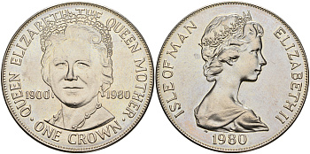Остров Мэн 1 крона 1980 80 лет королеве Елизавете, королеве-матери КМ 68 медно-никель UNC 3897-1023