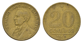 Бразилия 20 сентаво 1943 Жетулиу Варгас KM 556a алюминиевая бронза 4625-933
