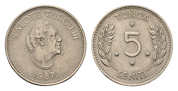 Тонга 5 сенити 1967 год-тип, Салоте Тупоу III (1900-1965) KM 6 медно-никель 84-955