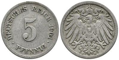 ГЕРМАНИЯ 5 ПФЕННИГОВ 1901 E KM 11, J. 12 медно-никель 39-753