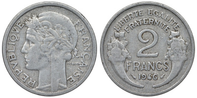 Франция 2 франка 1946 KM 886а.1, Le Franc 269.8 алюминий 4123-336