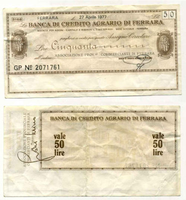Италия 50 лир 1977 27 FGHTKZ 1977 Banca Di credito agrario Di ferrara бумага 8588-20-4-1