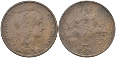ФРАНЦИЯ 5 САНТИМОВ 1908 ТИП ДАНИЭЛЬ ДЮПЮИ KM 842, LE FRANC 119.19 бронза 4448-156