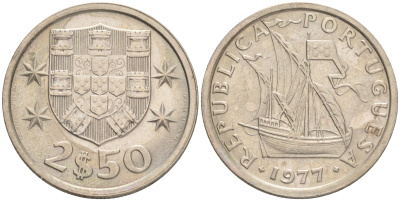 ПОРТУГАЛИЯ 2,5 ЭСКУДО 1977 ПАРУСНИК KM 590 медно-никель 192-812