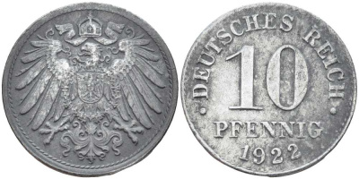 ГЕРМАНИЯ 10 ПФЕННИГОВ 1922 KM 26, J. 299 цинк 4401-223