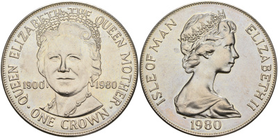 Остров Мэн 1 крона 1980 80 лет королеве Елизавете, королеве-матери КМ 68 медно-никель UNC 3897-1023