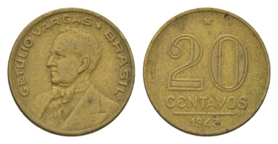 Бразилия 20 сентаво 1943 Жетулиу Варгас KM 556a алюминиевая бронза 4625-933