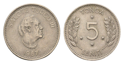 Тонга 5 сенити 1967 год-тип, Салоте Тупоу III (1900-1965) KM 6 медно-никель 84-955