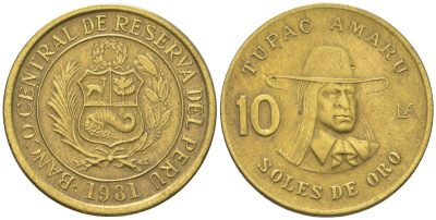 Перу 10 солей 1982 KM 272.2, Schon 73 латунь 4397-252