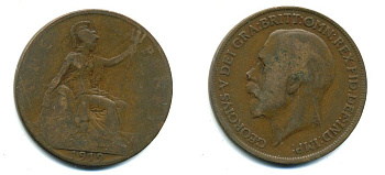 Великобритания 1 пенни 1919 Георг V (1910-1936) KM 810, Spink 4051 бронза 41-316