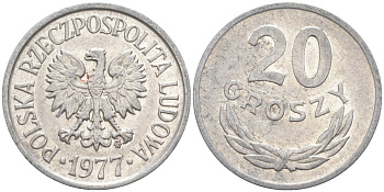 Польша 20 грошей 1977 MW KM A47 алюминий 3336-913