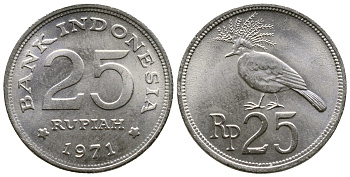 Индонезия 25 рупий 1971 венценосный голубь KM 34 медно-никель UNC 89-553