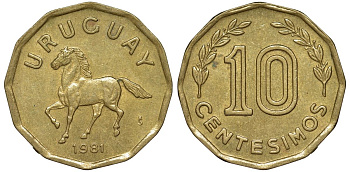 Уругвай 10 сентесимо 1981 KM 66 алюминиевая бронза 4169-544