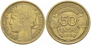 ФРАНЦИЯ 50 САНТИМОВ 1939 ТИП МОРЛОН KM 894.1, LE FRANC 192.15 алюминиевая бронза 3309-1035