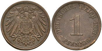 Германия 1 пфенниг 1893 J, Вильгельм II (1888-1918) KM 10, J. 10 медь 1524-1034