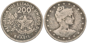 Бразилия 200 реалов 1901 MCMI, голова свободы вправо KM 504 медно-никель 4612-344