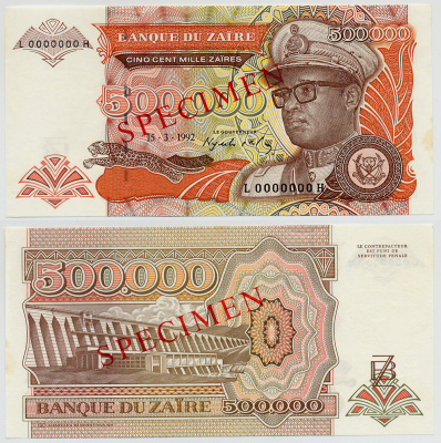 Заир 500000 заиров 1992 король Мобуту в военной форме, ГЭС "Инга", SPECIMEN, образец Pick 43s бумага UNC (пресс) 6279-26-3-2
