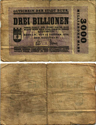 БУЕР 3000000000000 МАРОК 1923 НОТГЕЛЬД, 23 ОКТЯБРЯ 1923, ЗЕМЛЯ СЕВЕРНЫЙ РЕЙН-ВЕСТФАЛИЯ Keller 659g бумага 6300-36-1-2