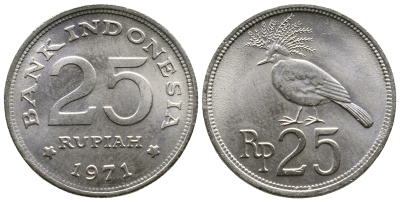Индонезия 25 рупий 1971 венценосный голубь KM 34 медно-никель UNC 89-553
