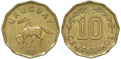 Уругвай 10 сентесимо 1981 KM 66 алюминиевая бронза 4169-544