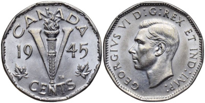 Канада 5 центов 1945 Георг VI (1937-1952) KM 40а сталь плакированная хромом 27-517