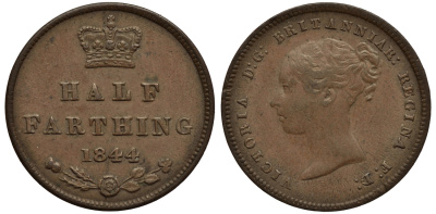Великобритания 1/2 фартинга 1844 Виктория (1837-1901) KM 738, Spink 3951 медь 1523-615