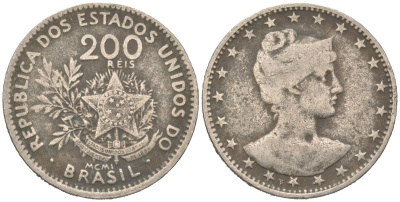 Бразилия 200 реалов 1901 MCMI, голова свободы вправо KM 504 медно-никель 4612-344