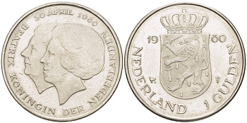 Нидерланды 1 гульден 1980 на коронацию Беатрикс, 30 апреля 1980 KM 200 никель 31-821