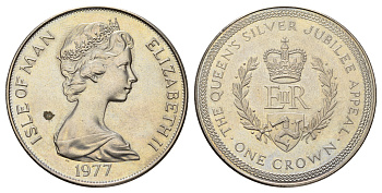 Остров Мэн 1 крона 1977 Серебряный юбилей правления королевы Елизаветы II КМ 42 медно-никель UNC 4386-315
