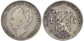 Нидерландское Кюрасао 1 гульден 1944 D, Вильгельмина (1890-1948) KM 45 серебро 36-716