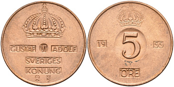 Швеция 5 эре 1955 TS, Густав VI Адольф (1950-1973), в лаке KM 822 бронза 4557-742