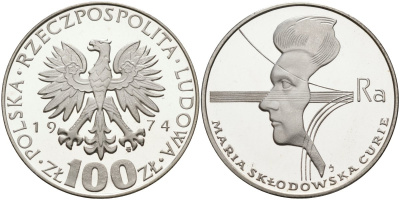 Польша 100 злотых 1974 MW, 40 лет со дня смерти Марии Склодовской-Кюри (1867-1934) KM 71, Parchimowicz 270 серебро PROOF 1097-1-31