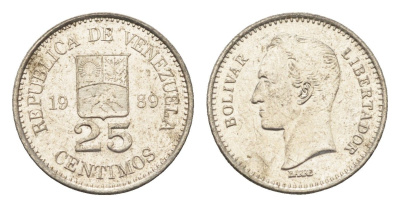 Венесуэла 25 сентимо 1989 Симон Боливар Y 50a сталь плакированная никелем 4664-217
