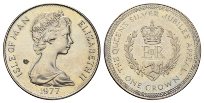 Остров Мэн 1 крона 1977 Серебряный юбилей правления королевы Елизаветы II КМ 42 медно-никель UNC 4386-315