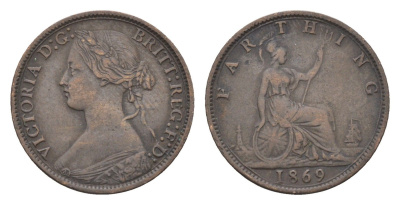 Великобритания 1 фартинг 1869 Виктория (1837-1901) KM 747.2, Spink 3958 бронза 5010-2035